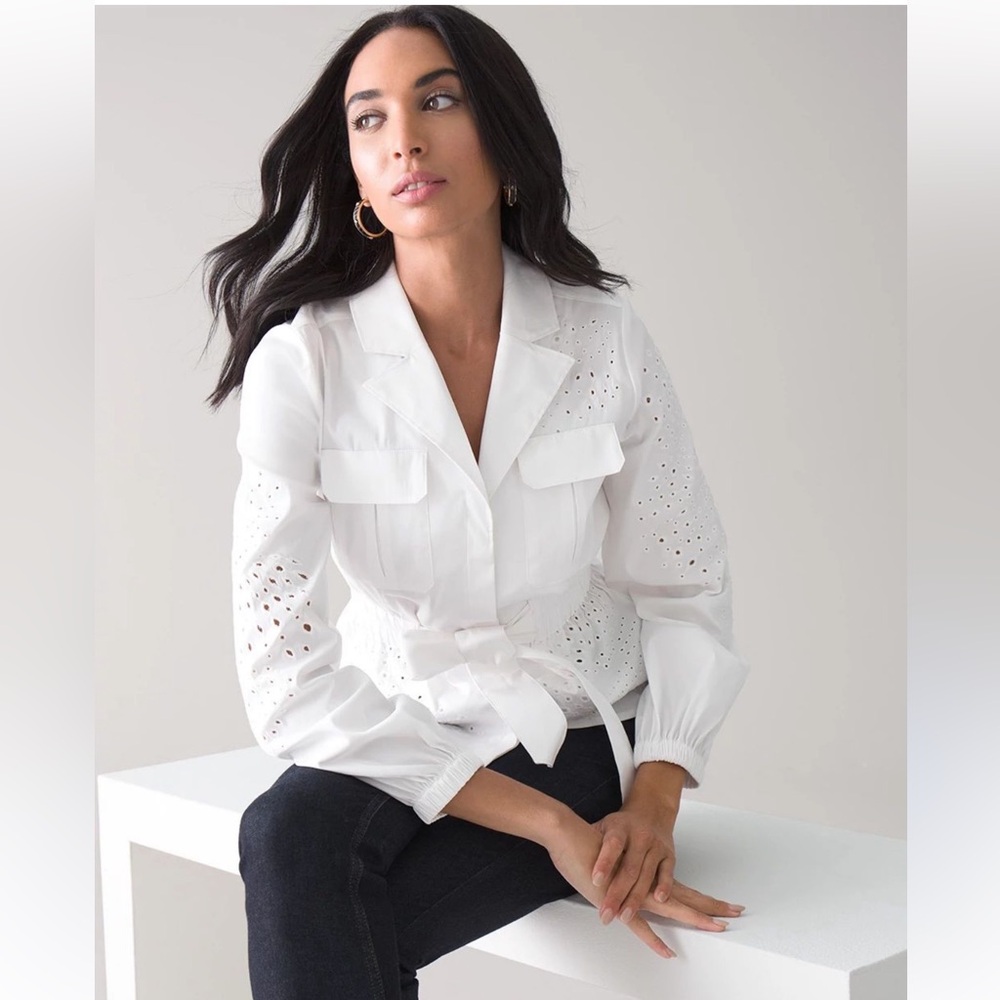 White House Black Market Tie-Waist Embroidered Poplin Shirt - Picture 1 of 7